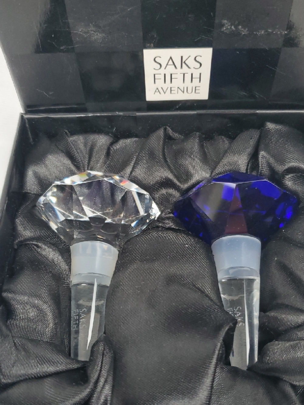 Saks Fifth Avenue Clear Crystal & Cobalt Blue Faceted Bottle Stoppers